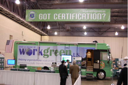Workgreen mobile certification booth at trade show with 'Got Certification?' banner
